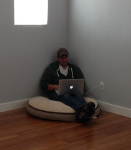 writer on a dog bed